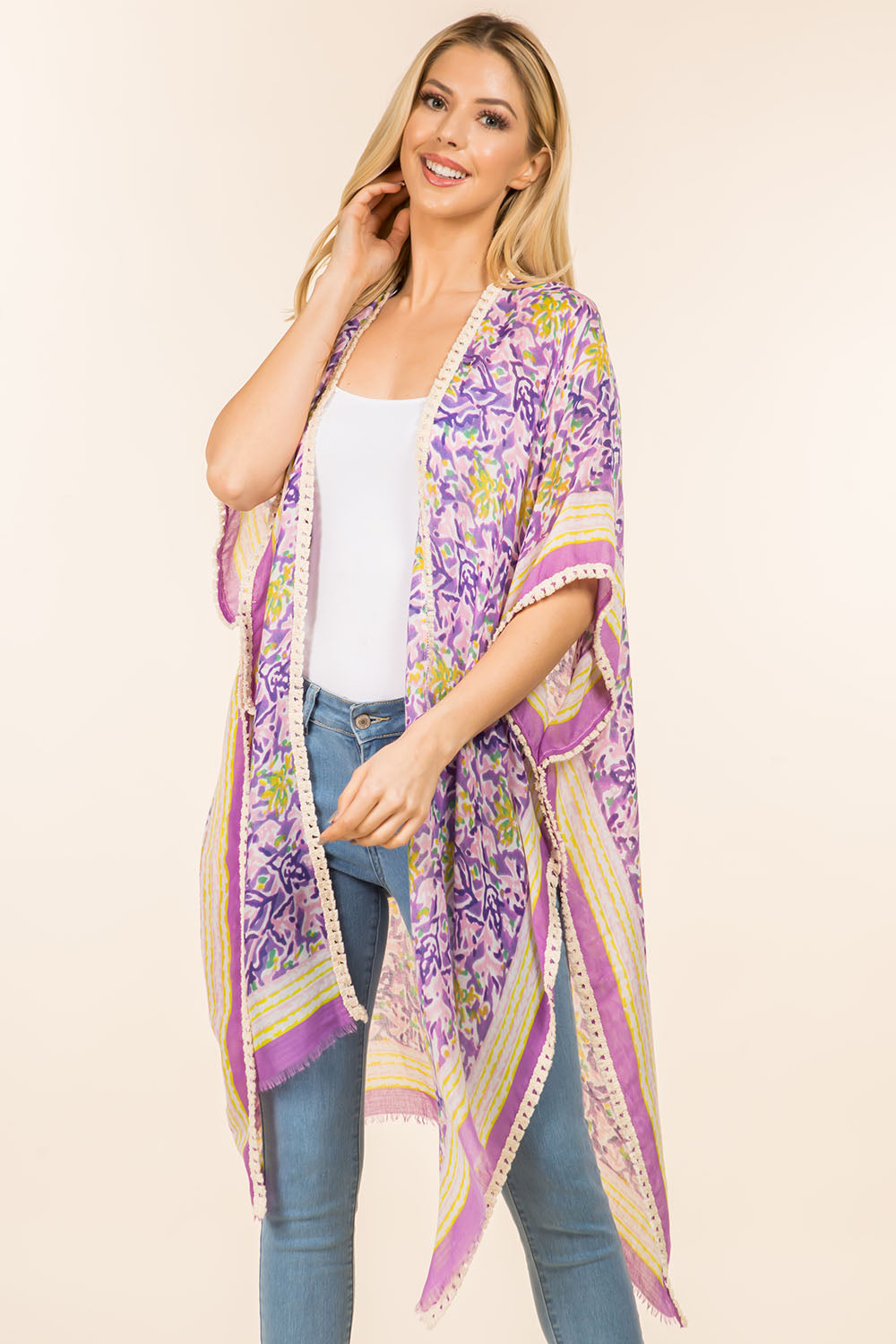 KP-4007 floral kimono with tassels