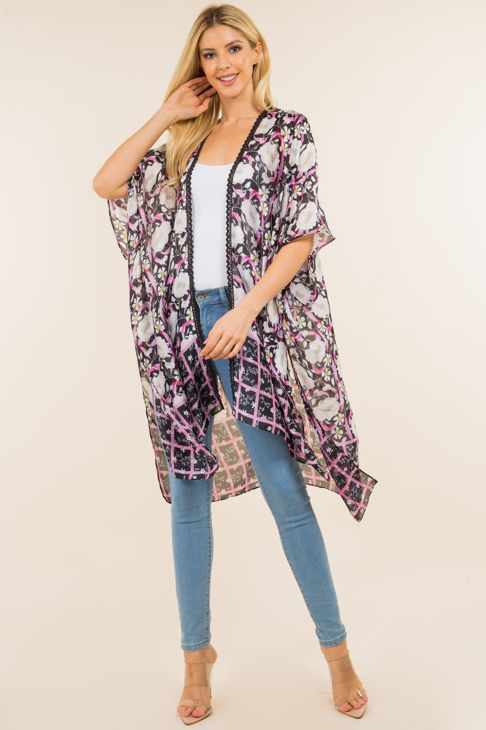 KP-4009 floral stripe kimono with lace front detail