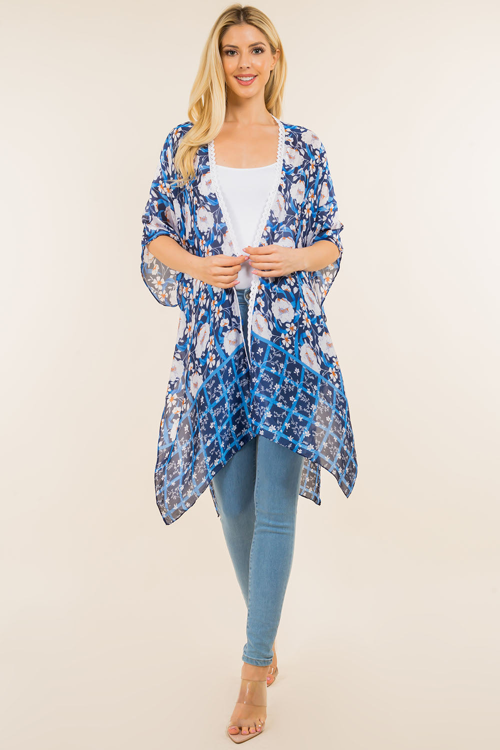 KP-4009 floral stripe kimono with lace front detail