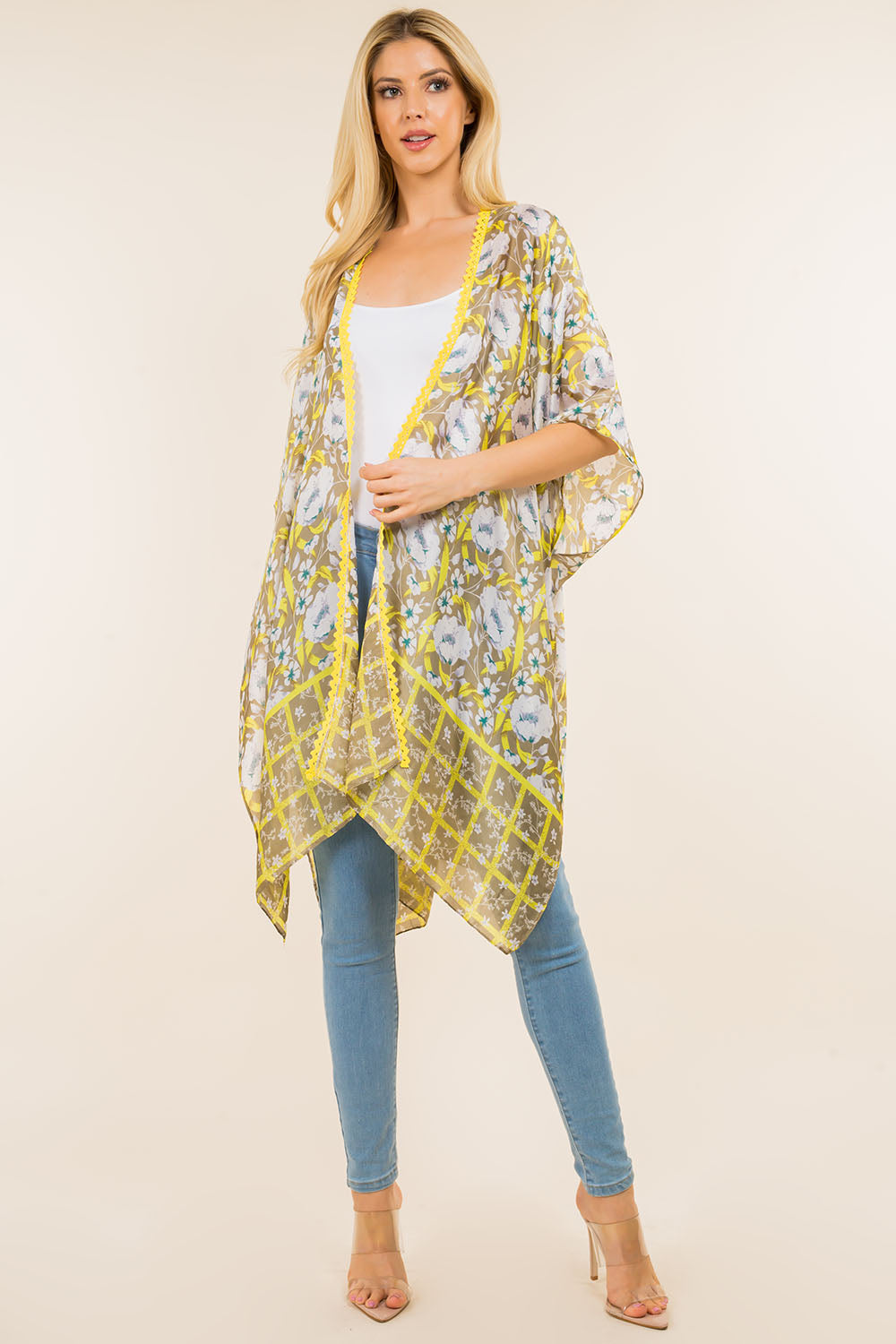 KP-4009 floral stripe kimono with lace front detail