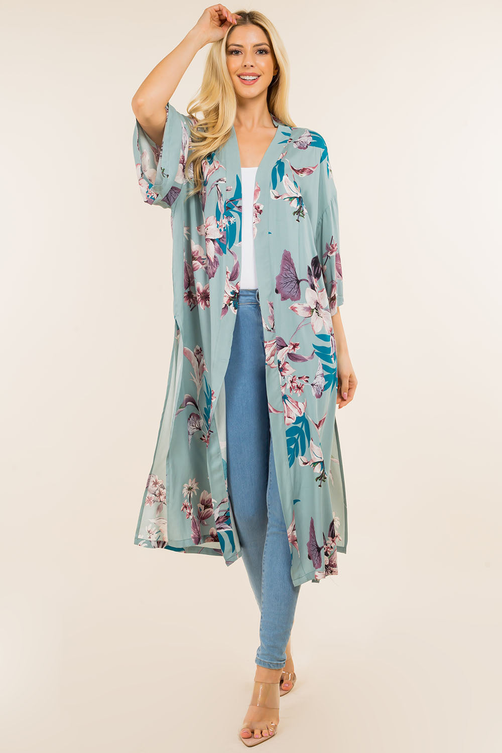 KP-4121 floral leafy design long kimono