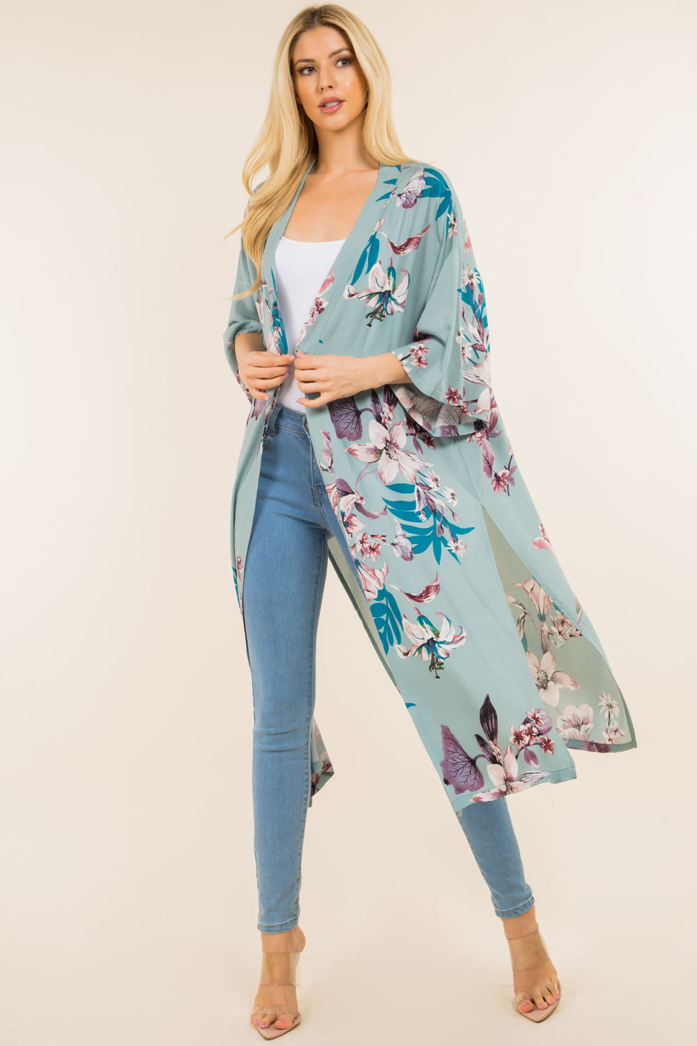 KP-4121 floral leafy design long kimono