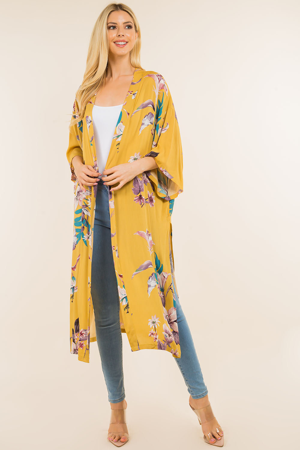 KP-4121 floral leafy design long kimono