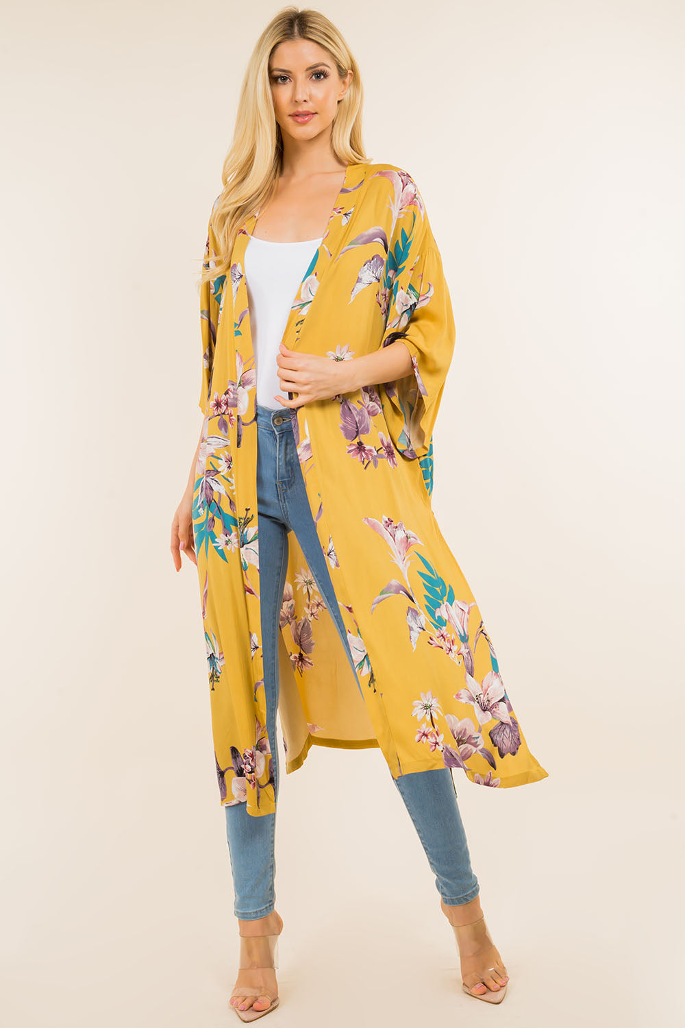 KP-4121 floral leafy design long kimono