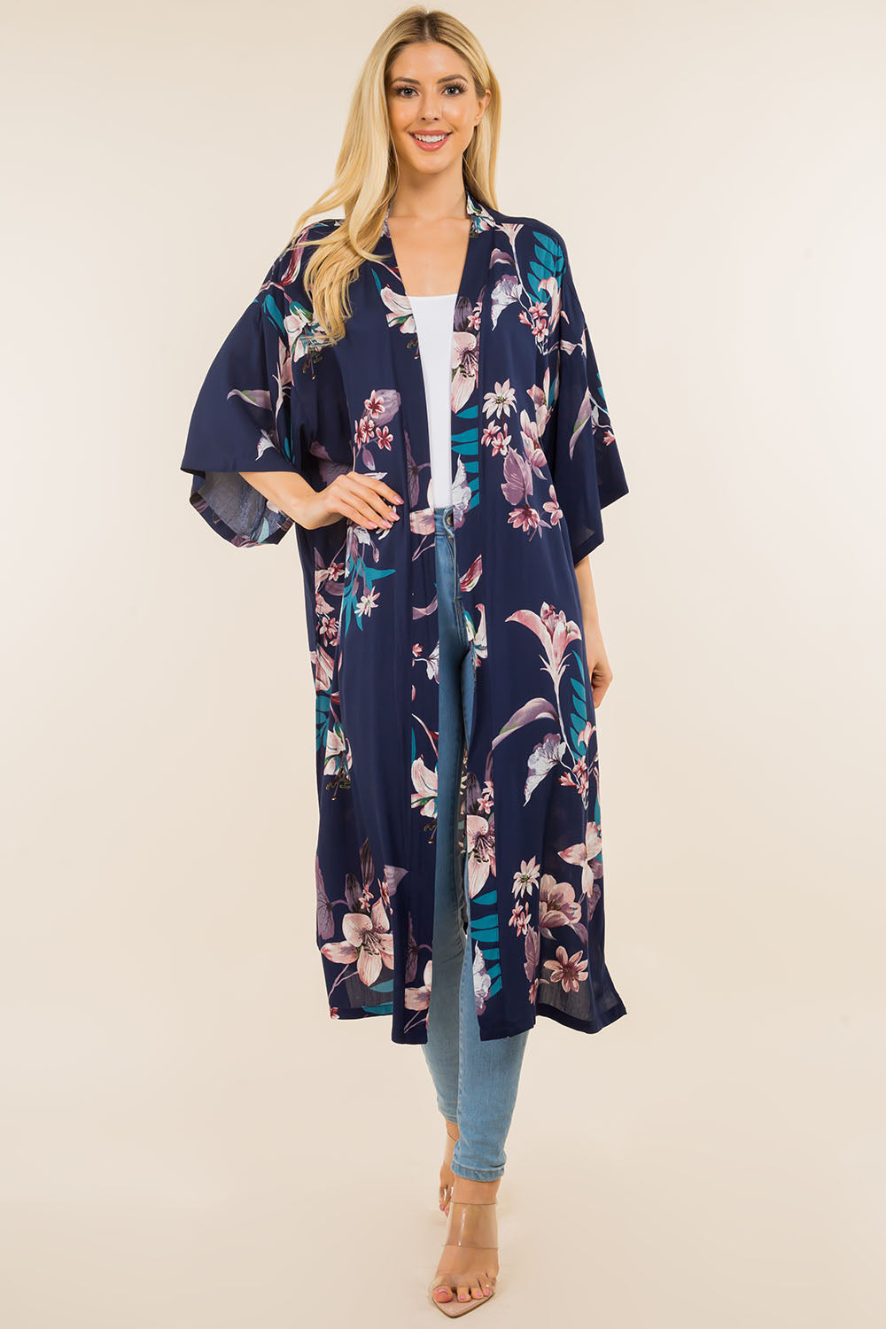 KP-4121 floral leafy design long kimono