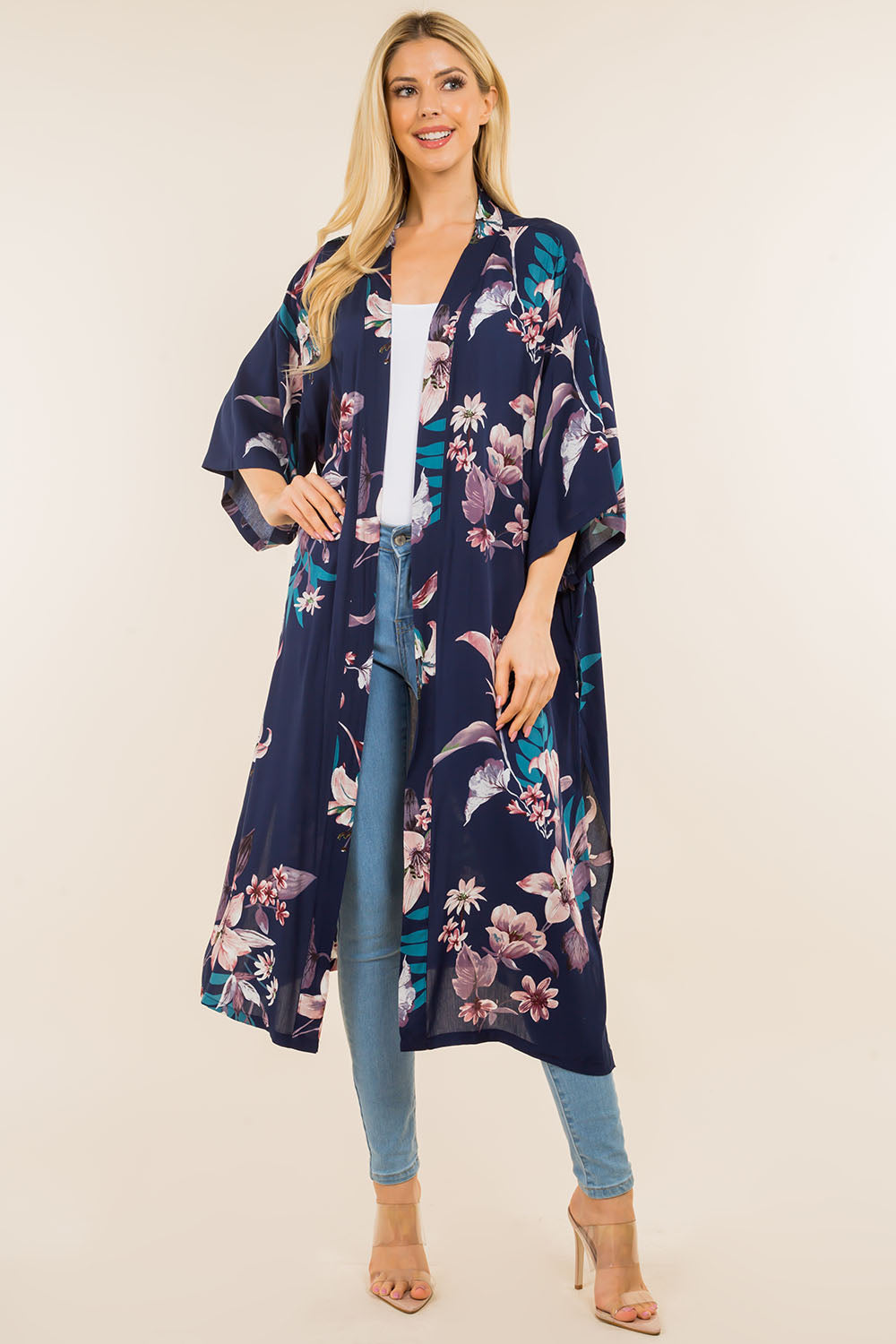 KP-4121 floral leafy design long kimono