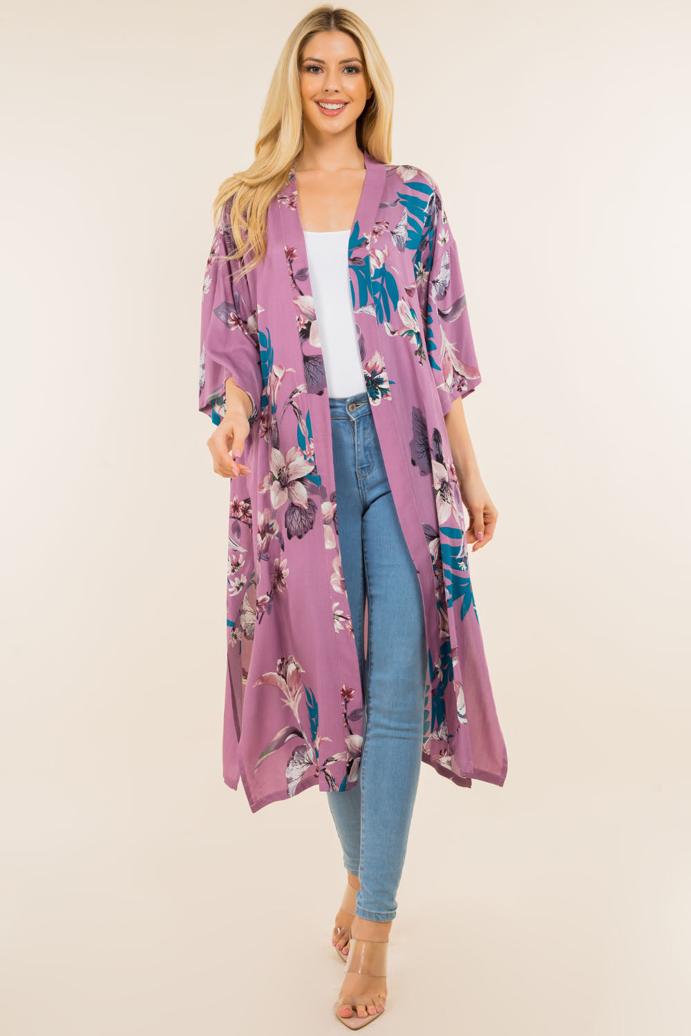 KP-4121 floral leafy design long kimono