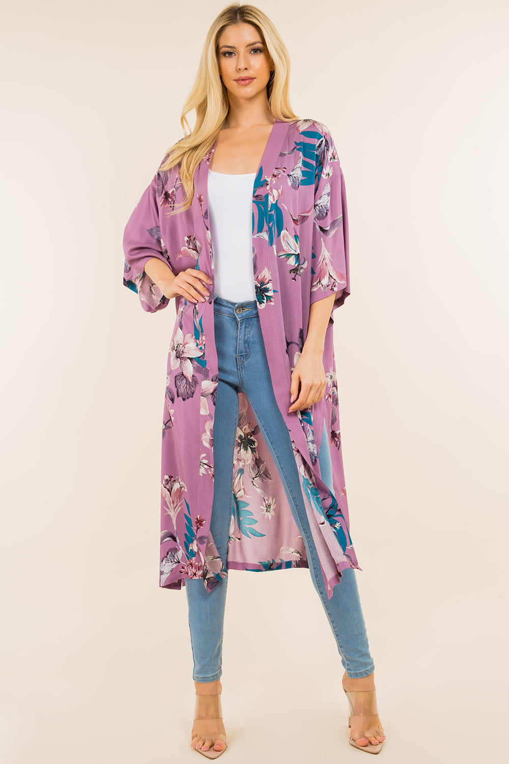 KP-4121 floral leafy design long kimono