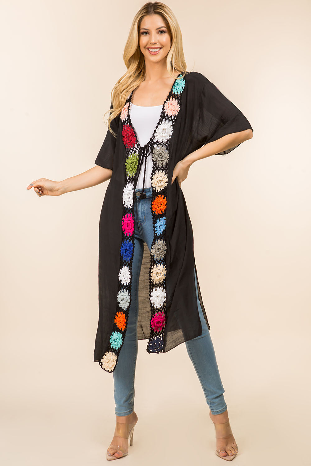KP-4138 solid long kimono with crochet front ties