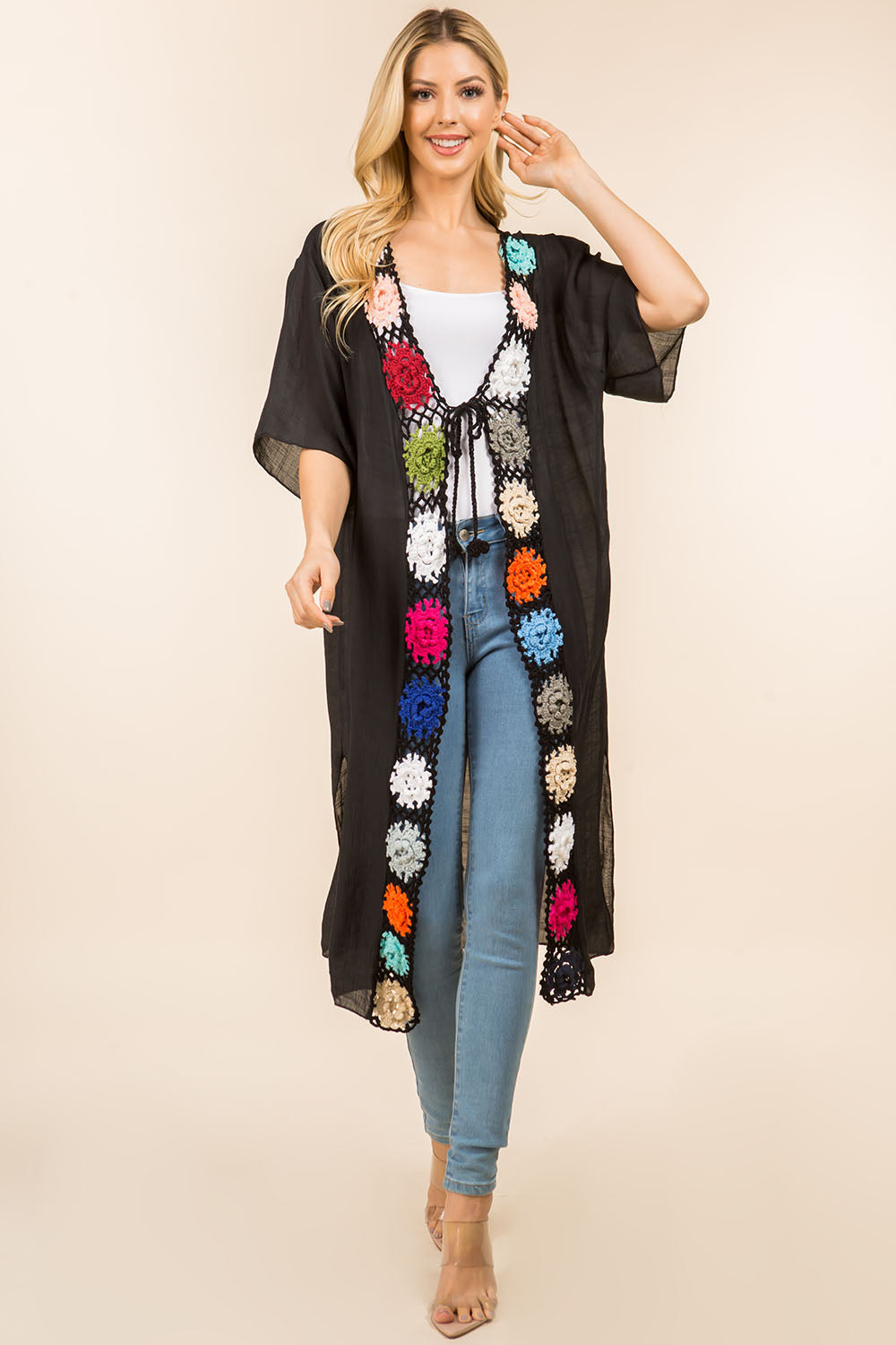 KP-4138 solid long kimono with crochet front ties