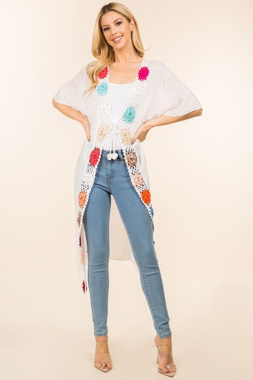 KP-4138 solid long kimono with crochet front ties