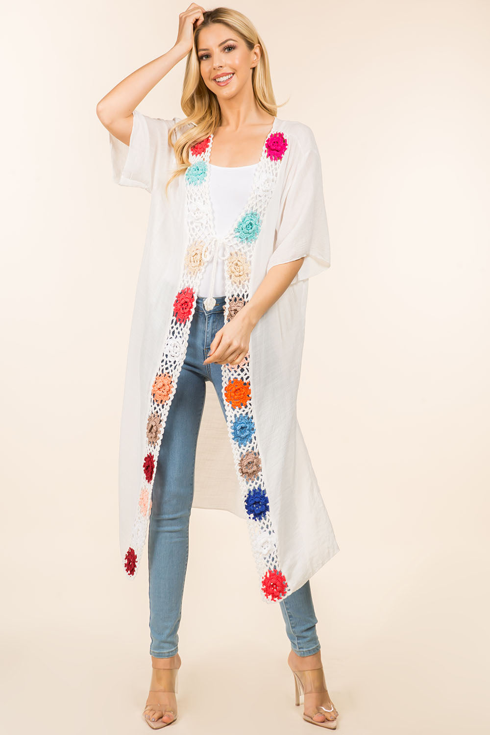 KP-4138 solid long kimono with crochet front ties