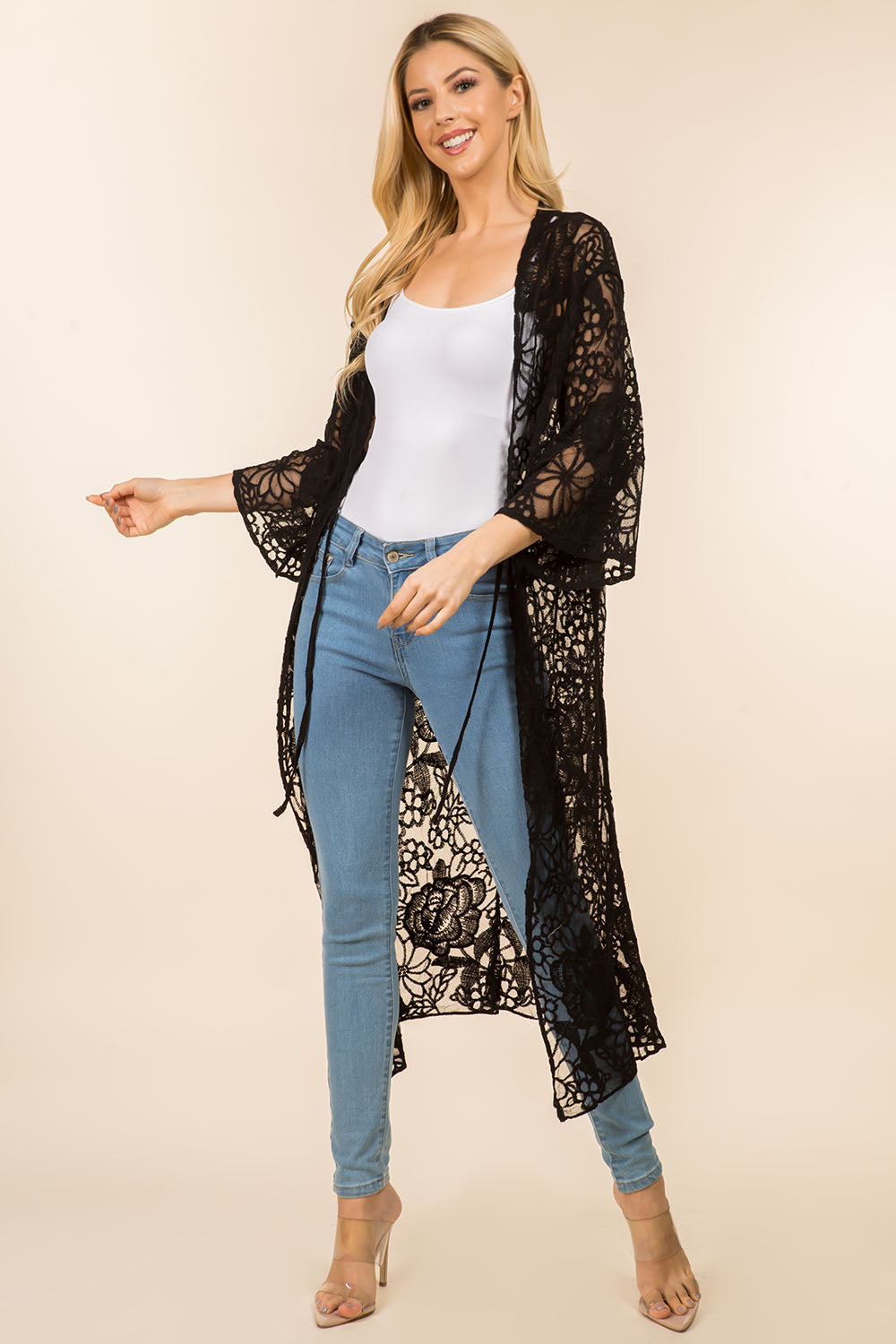 KP-4139 floral design lace long kimono