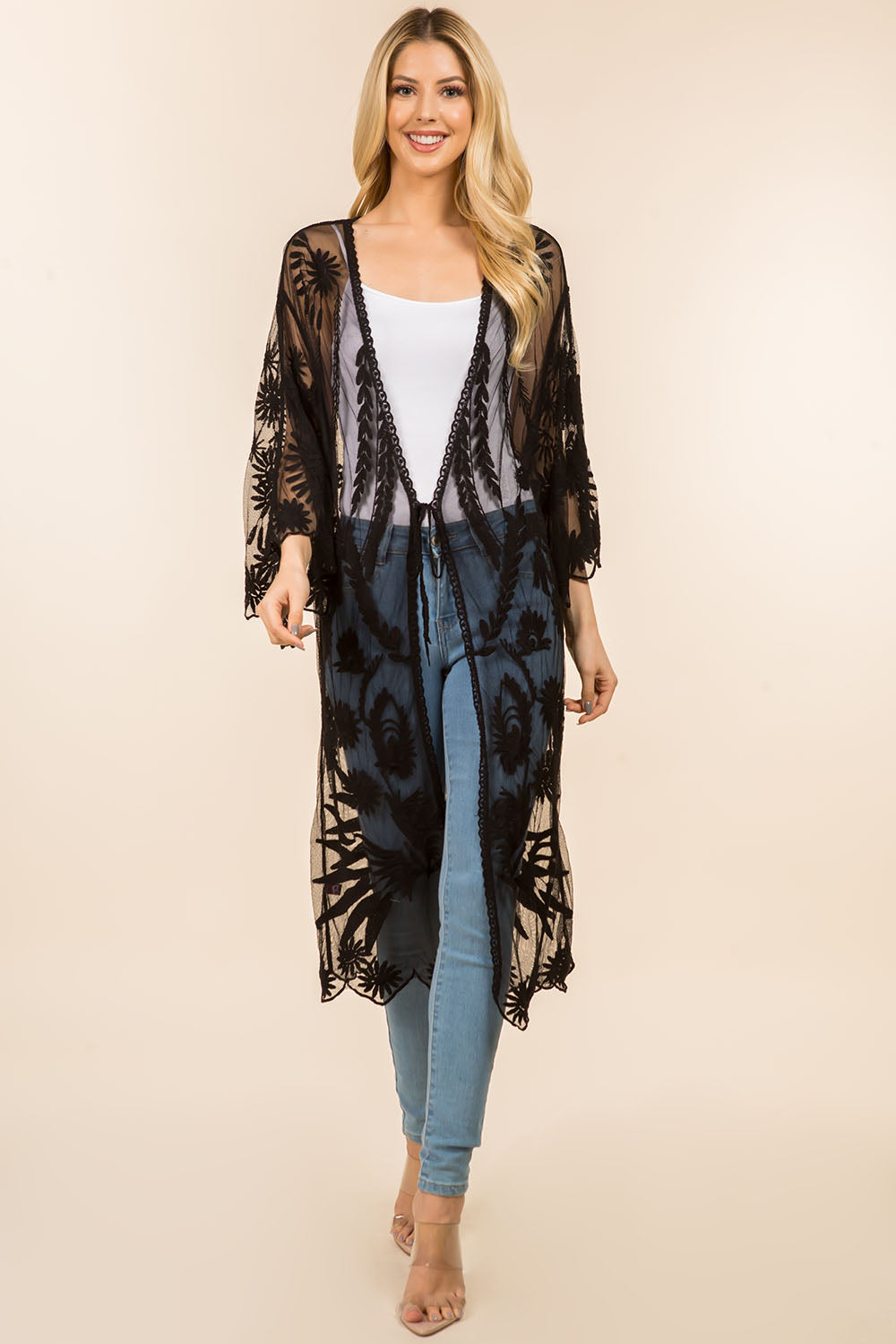 KP-4140 long kimono with lace design