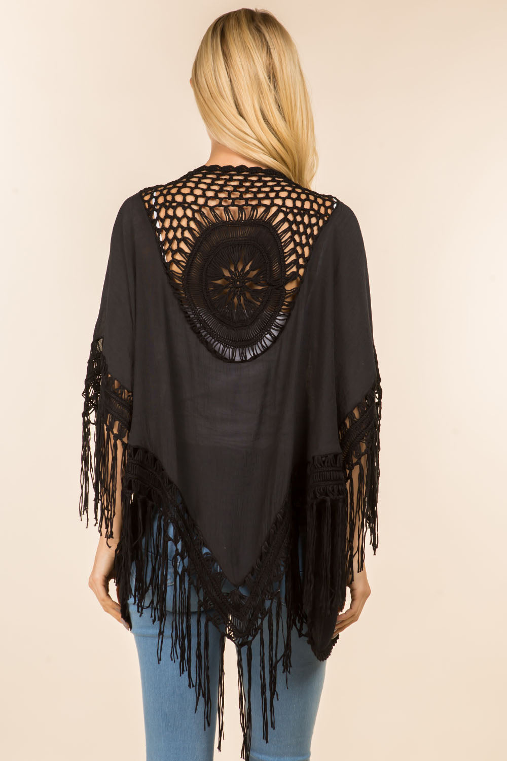 KP-4142 solid color kimono with crochet detail back design