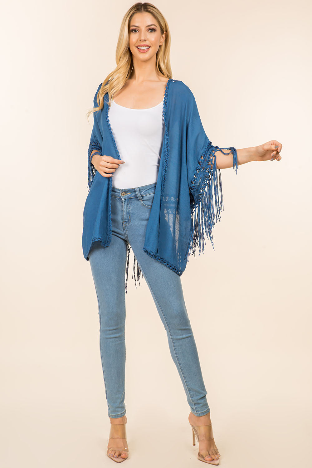 KP-4142 solid color kimono with crochet detail back design