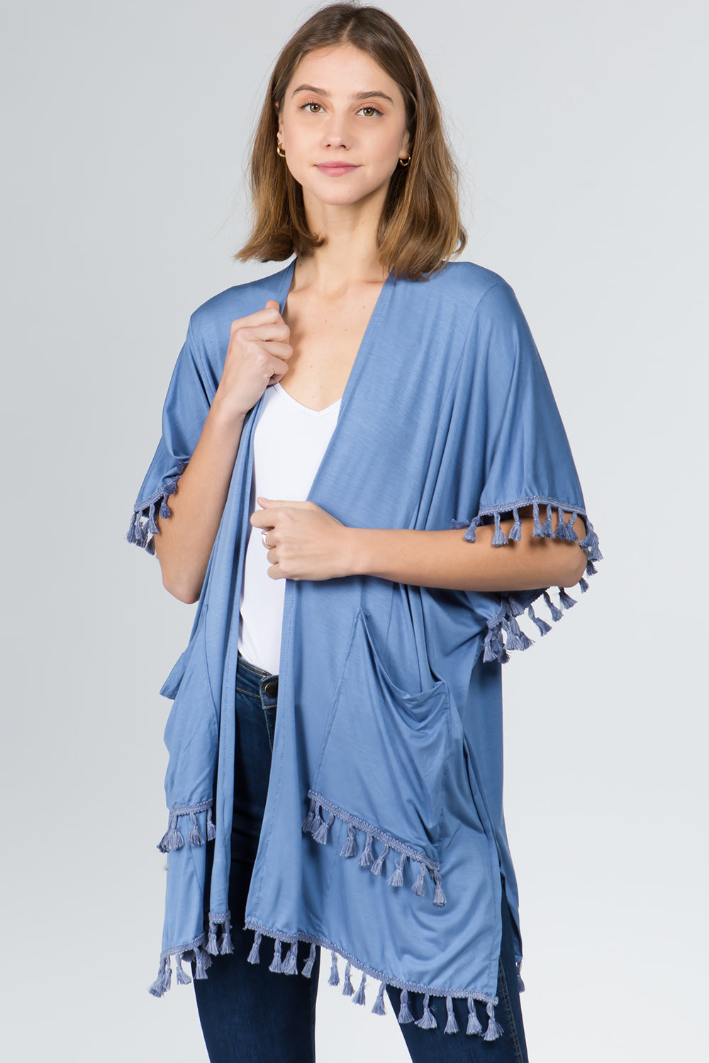 KR-9771 solid color kimono with pockets&tassels
