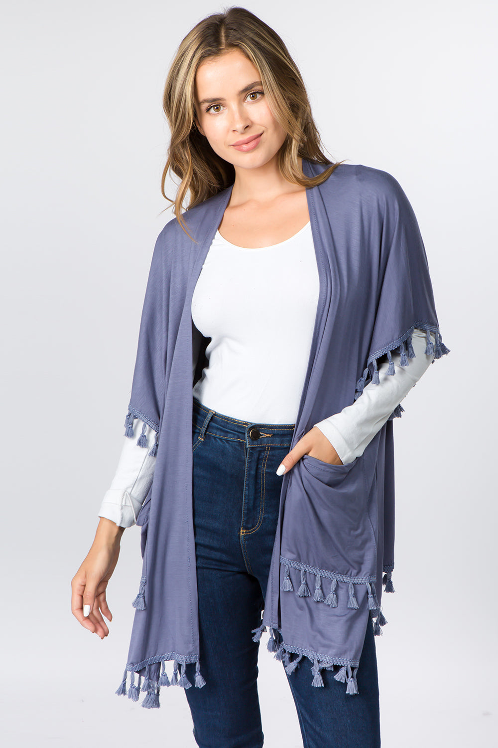 KR-9771 solid color kimono with pockets&tassels