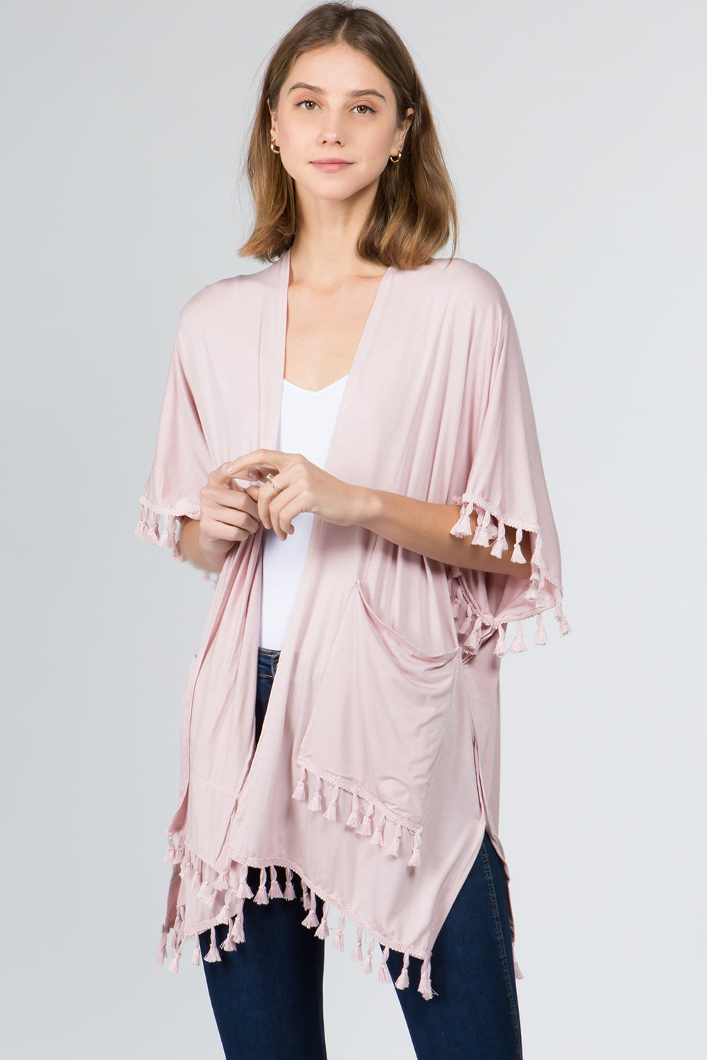 KR-9771 solid color kimono with pockets&tassels