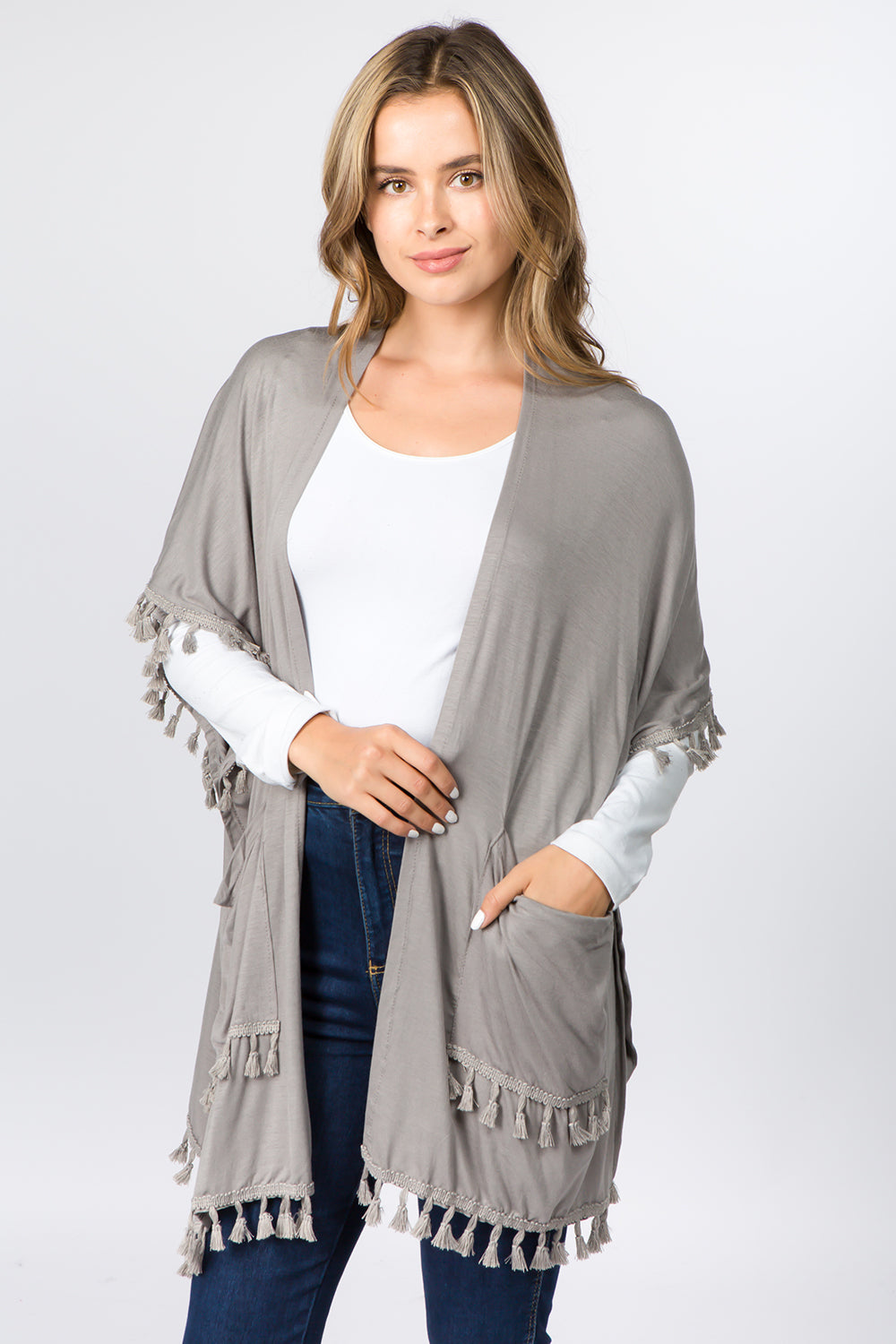 KR-9771 solid color kimono with pockets&tassels