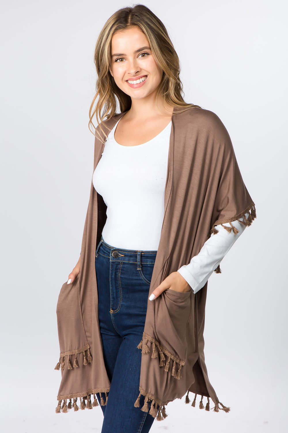 KR-9771 solid color kimono with pockets&tassels