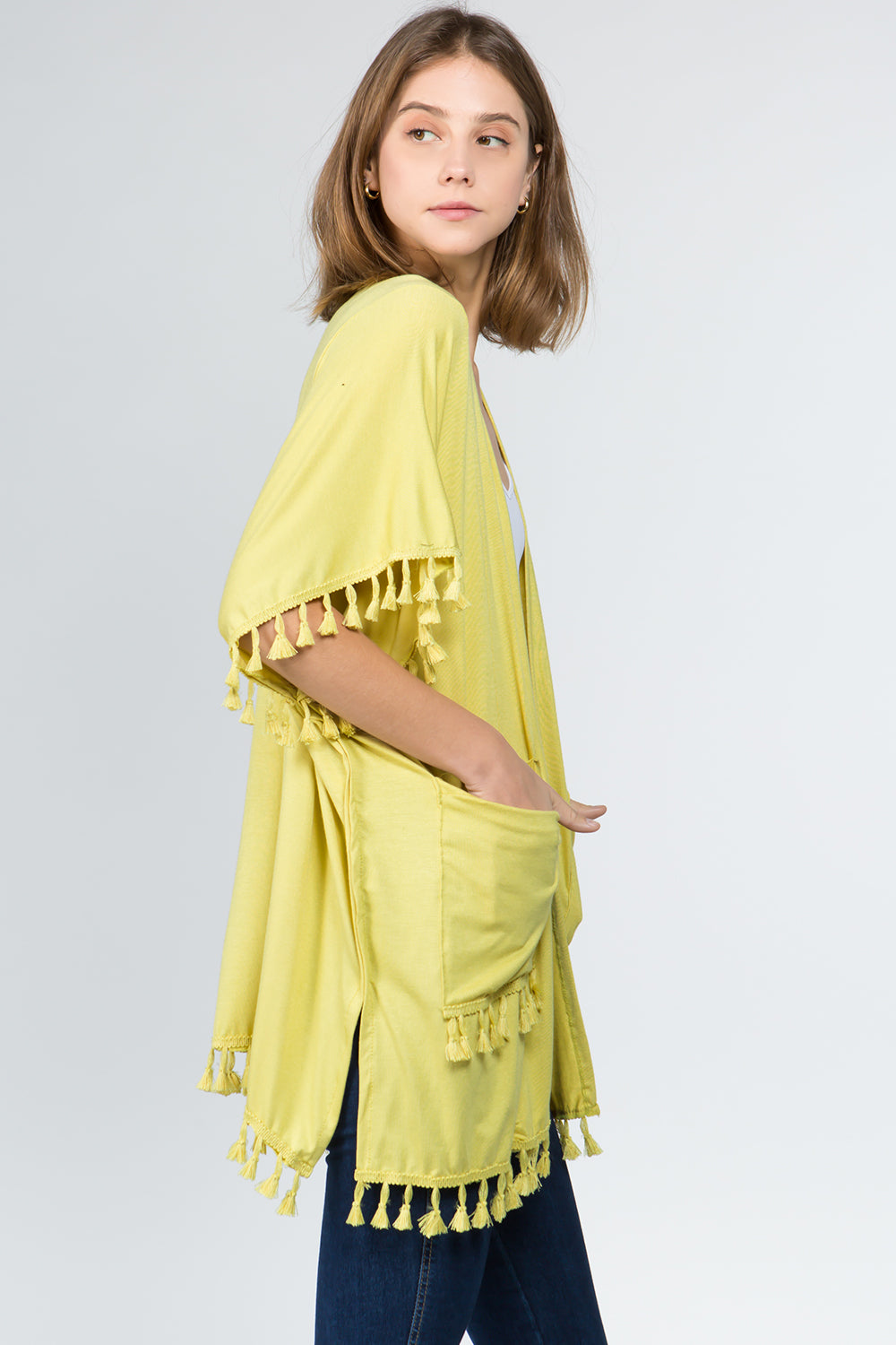 KR-9771 solid color kimono with pockets&tassels