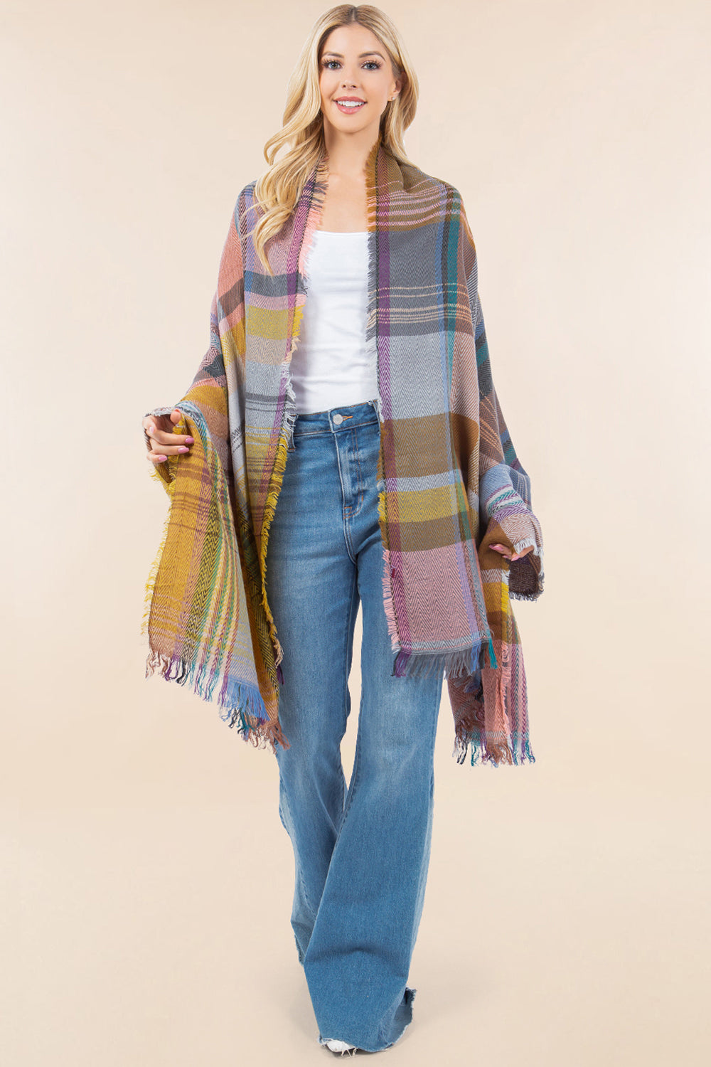 OA-98B1 plaid design shawl