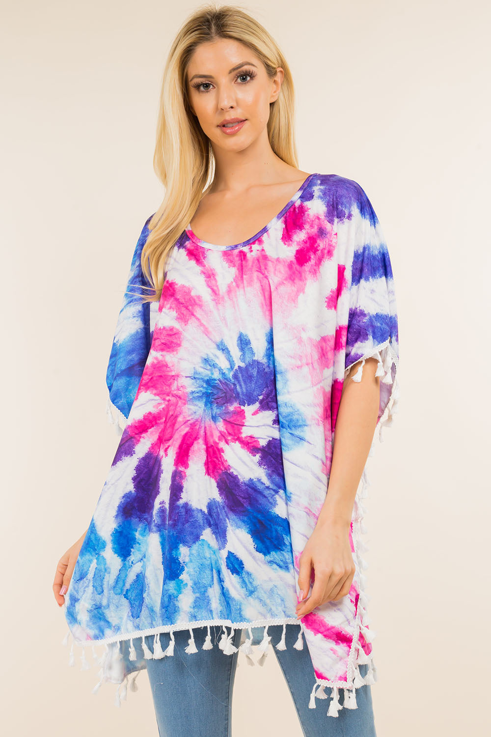 PA-4122 tie dyed poncho with tassels