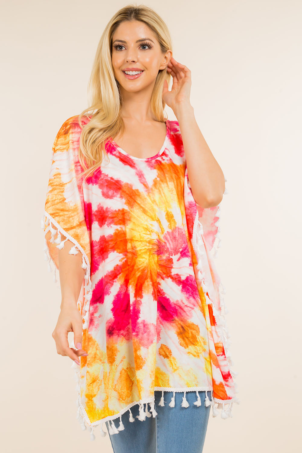 PA-4122 tie dyed poncho with tassels