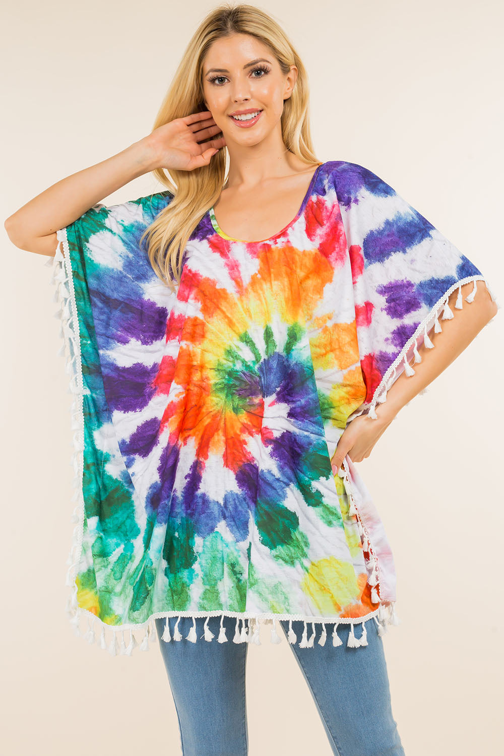 PA-4122 tie dyed poncho with tassels