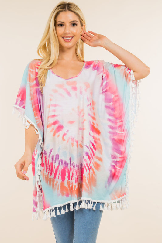 PA-4122 tie dyed poncho with tassels