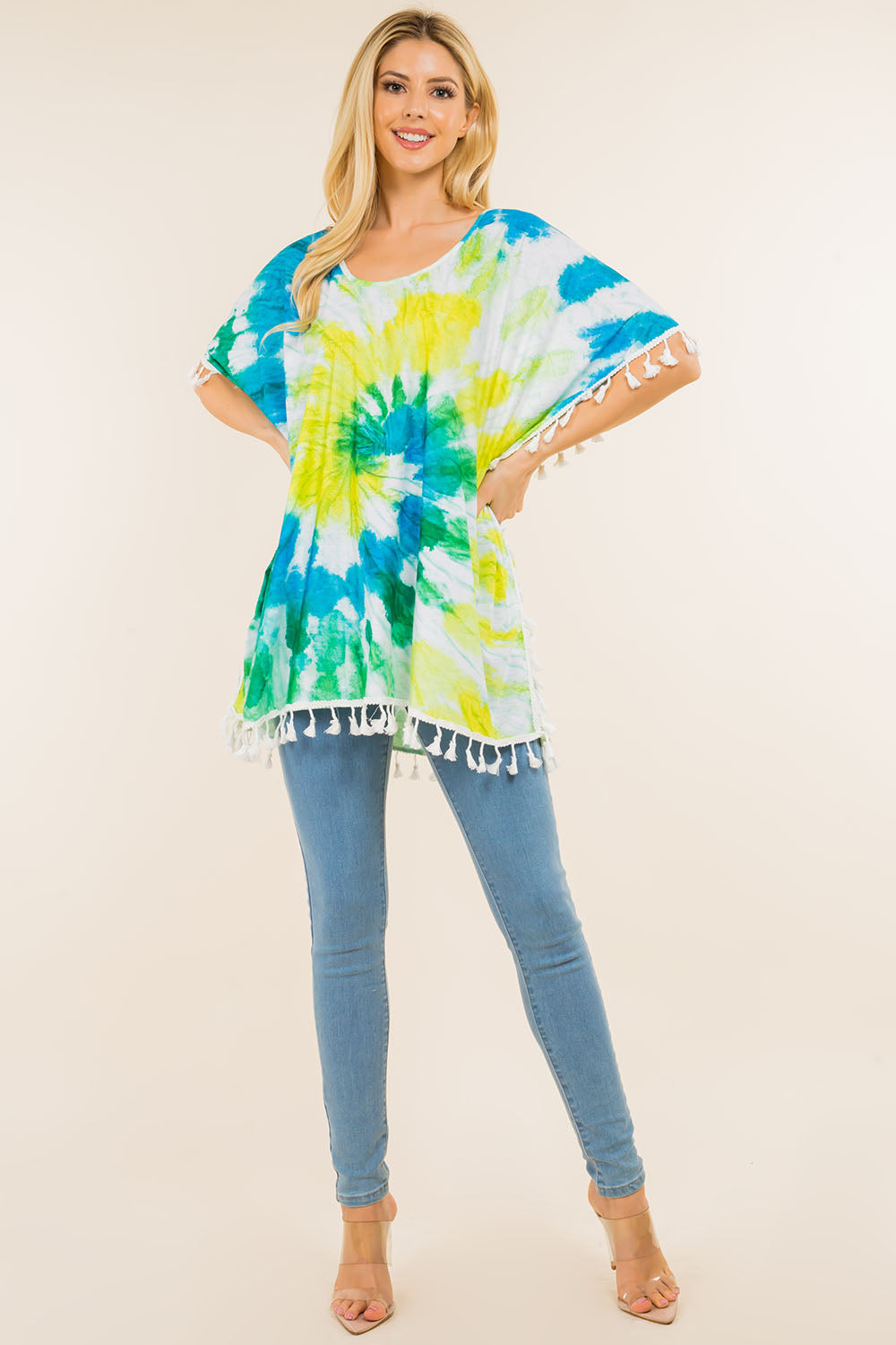 PA-4122 tie dyed poncho with tassels