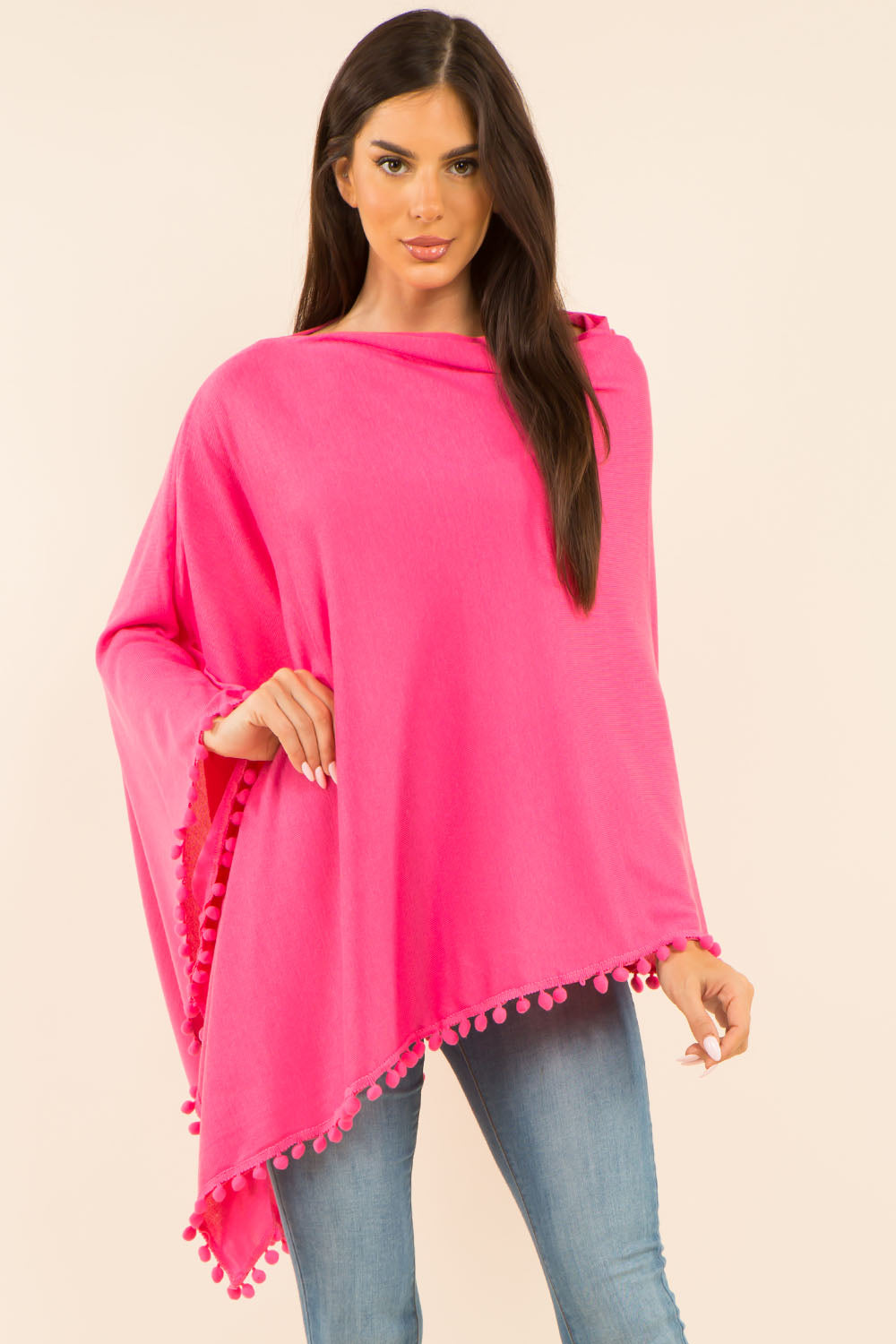 PA-9442 solid poncho with pompom