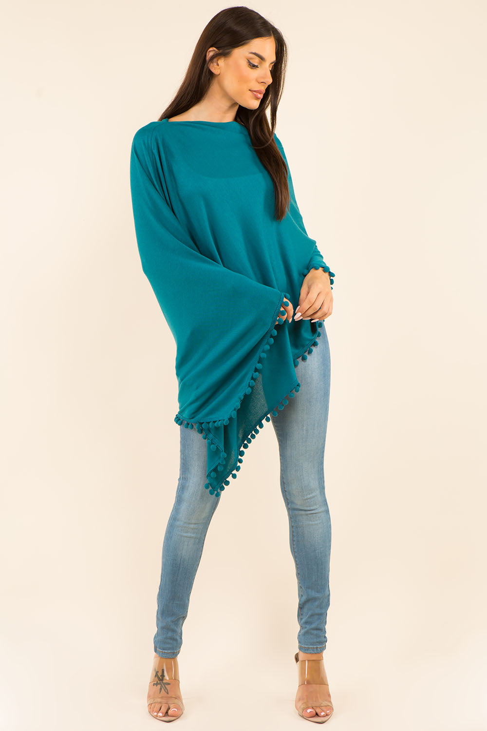 PA-9442 solid poncho with pompom