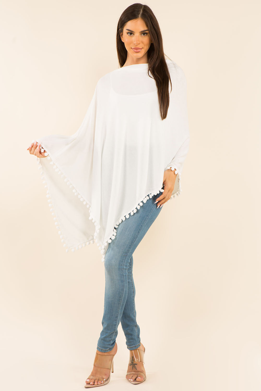 PA-9442 solid poncho with pompom