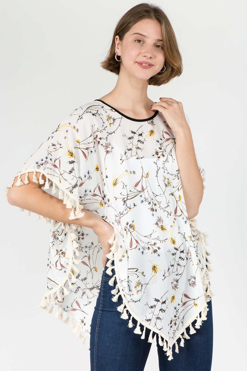 PON-593 floral poncho with tassels