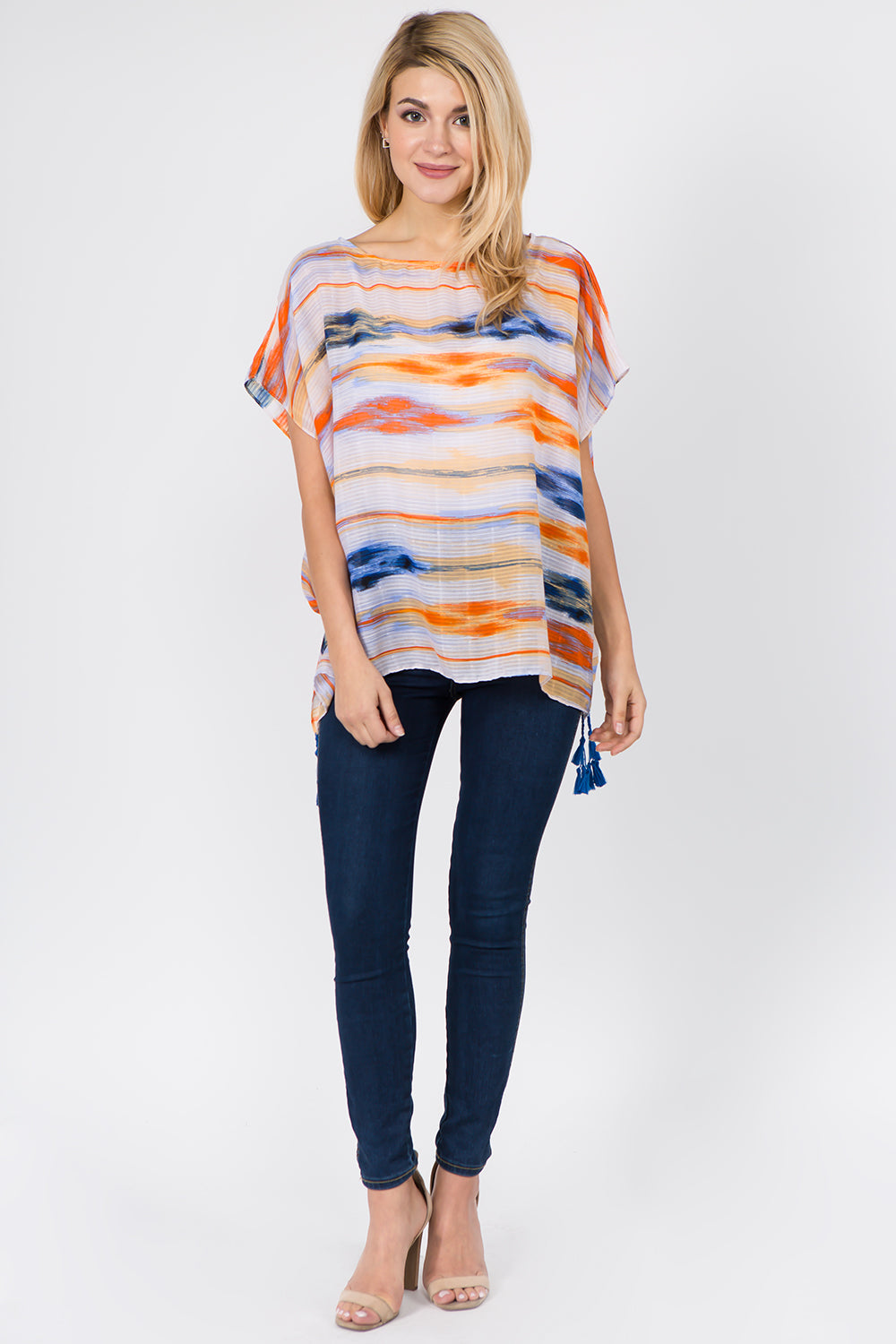 PP-1C34 abstract ikat poncho with tassels