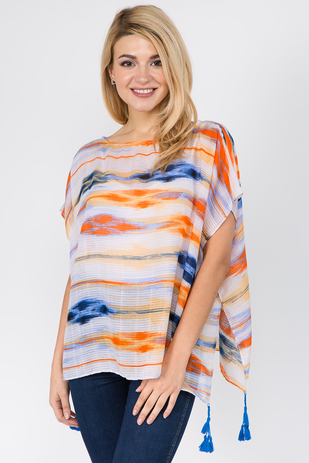PP-1C34 abstract ikat poncho with tassels