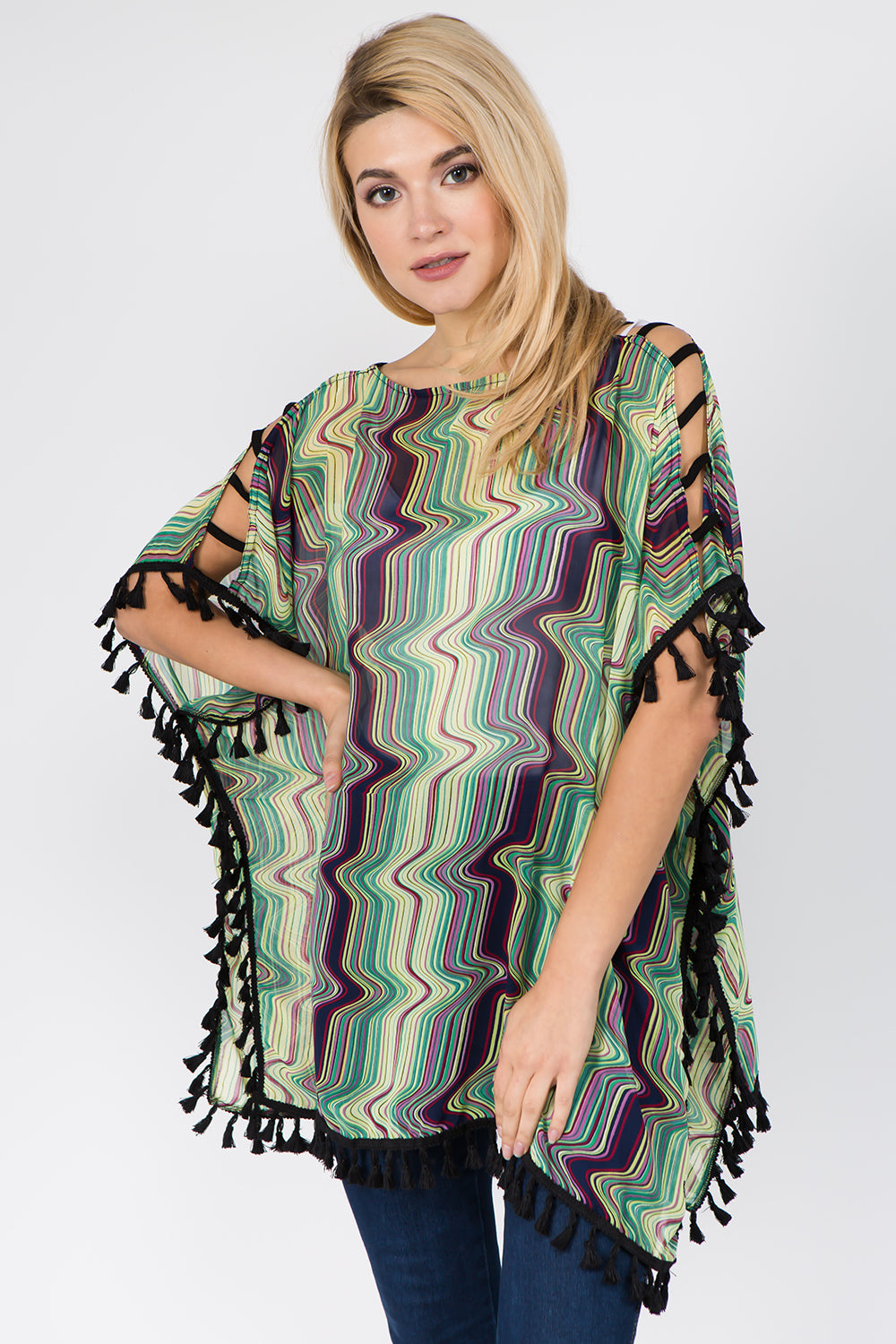 PP-1C74 geometric open shoulder poncho with tassels