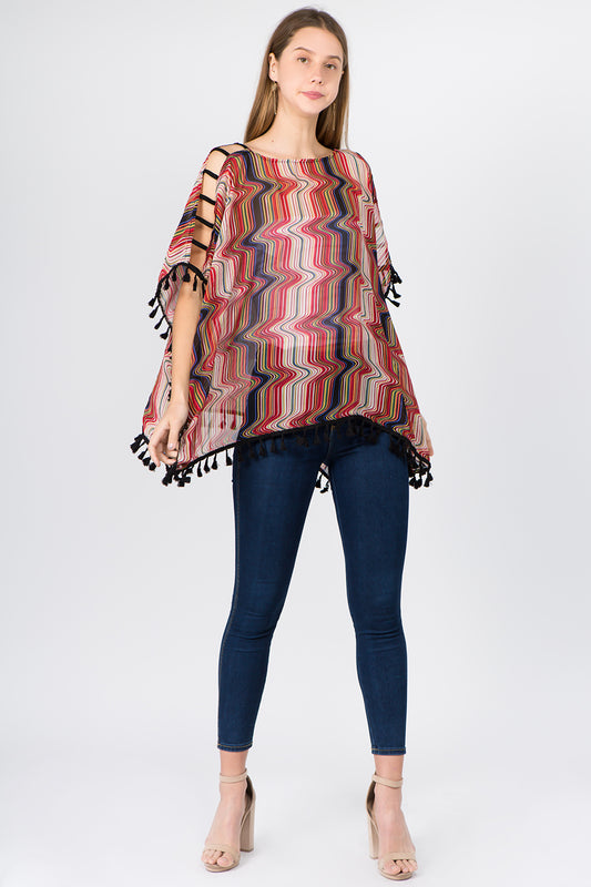PP-1C74 geometric open shoulder poncho with tassels