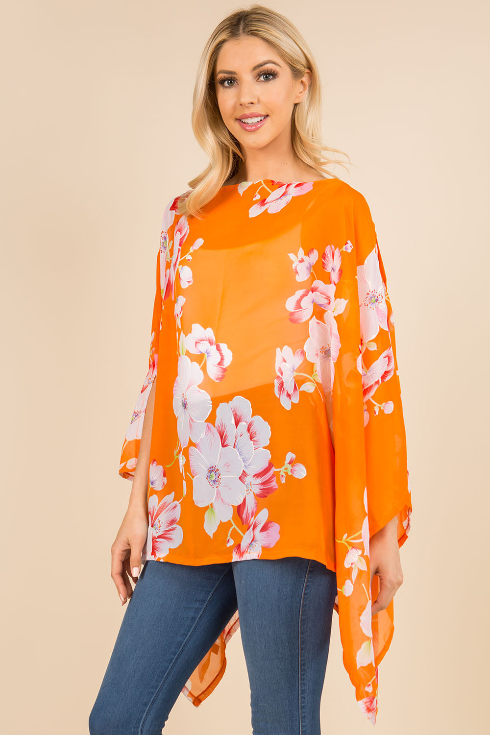 PP-3120 bright color floral poncho with open shoulder