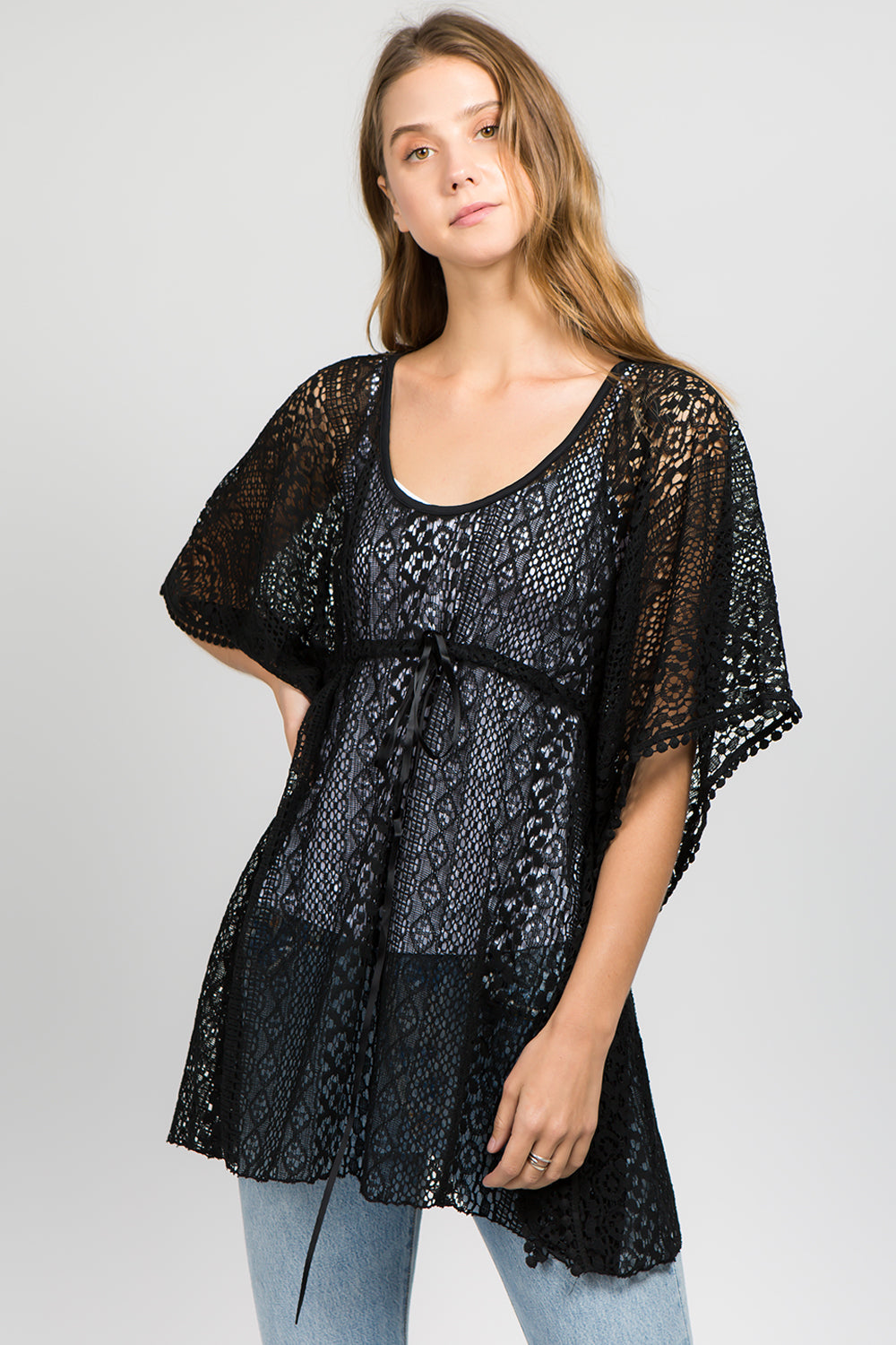 TA-8091 crochet tunic with pompom detail