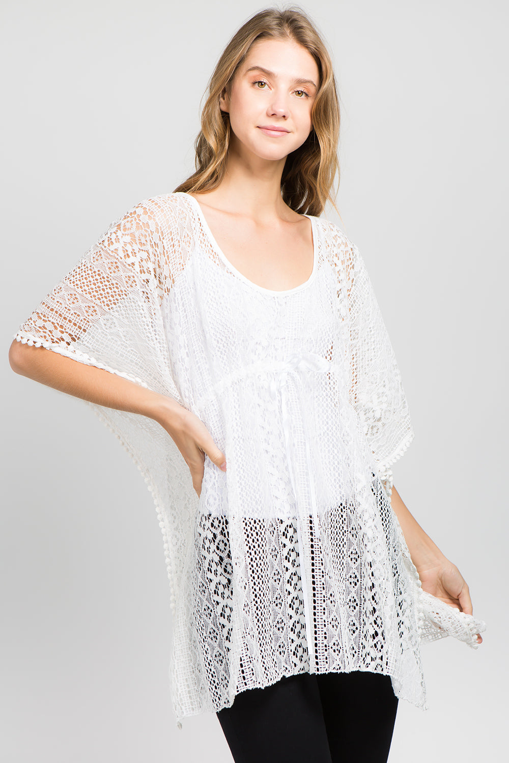 TA-8091 crochet tunic with pompom detail